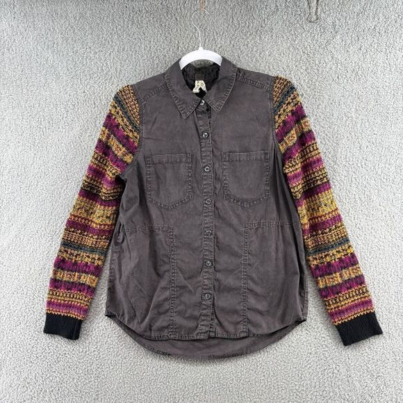 Free People We The Free Boho button down Shirt Mixed Media Sweater Sleeves Small - Picture 1 of 13